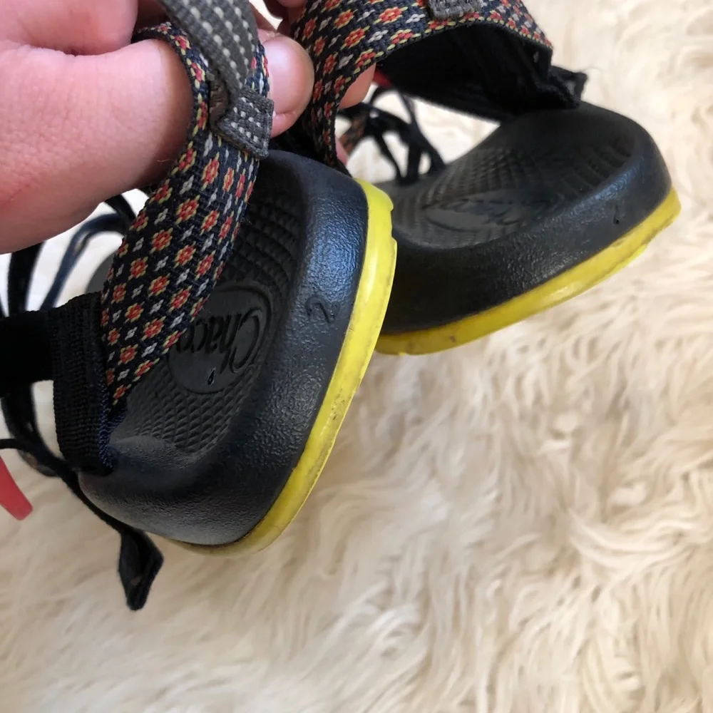 Chaco Kids Black Sandals with Coral Strap Pattern and Pink Buckles